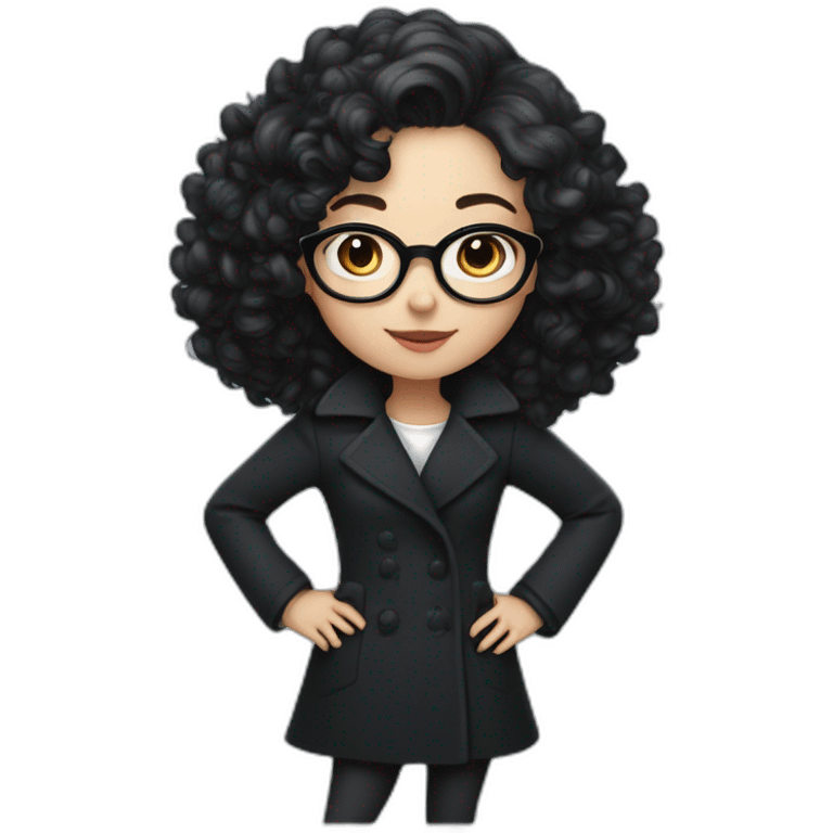 Full length girl in Black coat with glasses with gray-blue eyes, white skin and curly black hair and aristocratic high cheekbone emoji