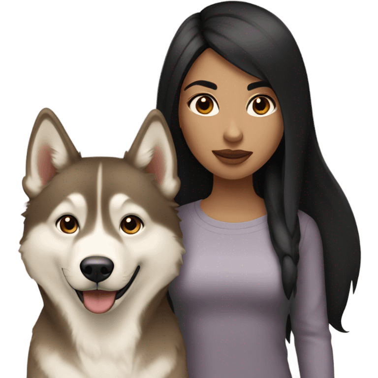 A girl black hair next to a light brown Husky emoji