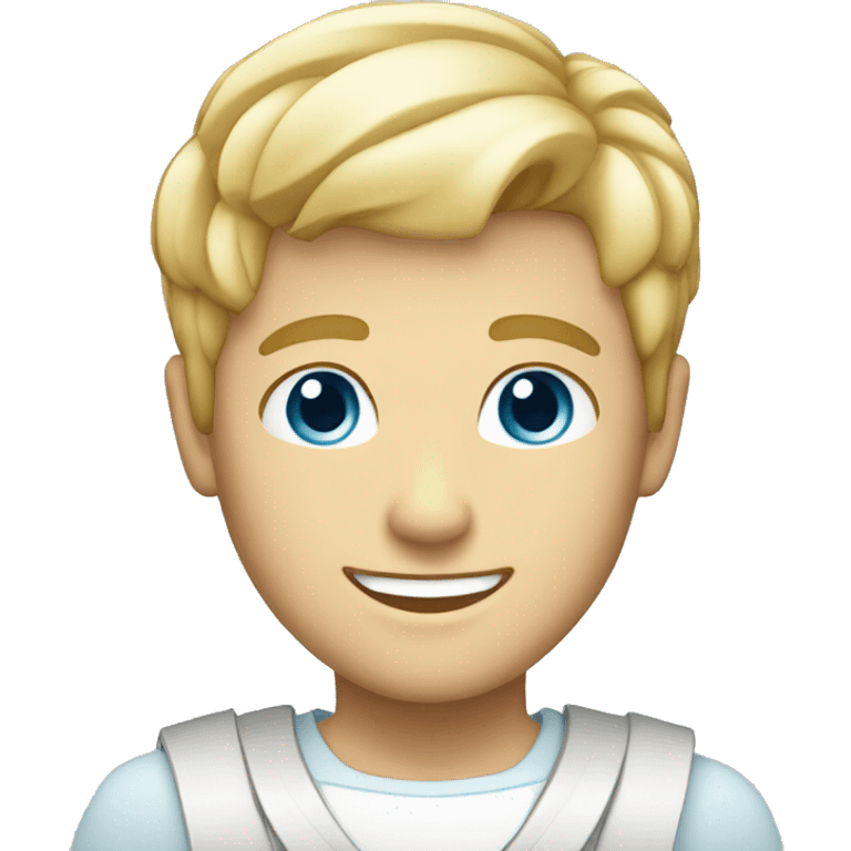 blonde male with short hair, sky blue eyes, big smile and a costume emoji