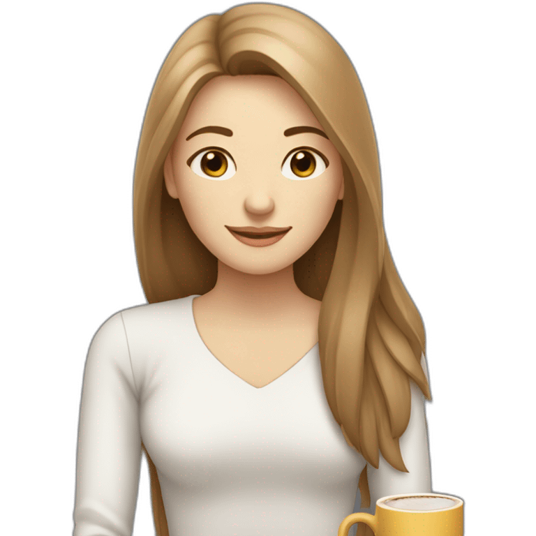 eyes closed smiling woman pale skin middle brown long straight hair with a closed laptop and a coffee mug emoji