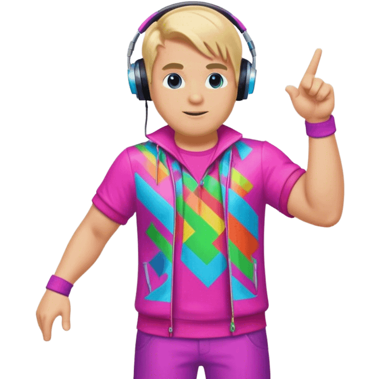 blond big man in colorful dj outfit pointing sideways emoji