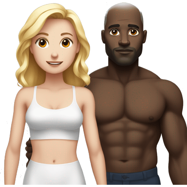 Woman  who is very short with white skin standing next to a strong black man who is shirtless and twice her height emoji