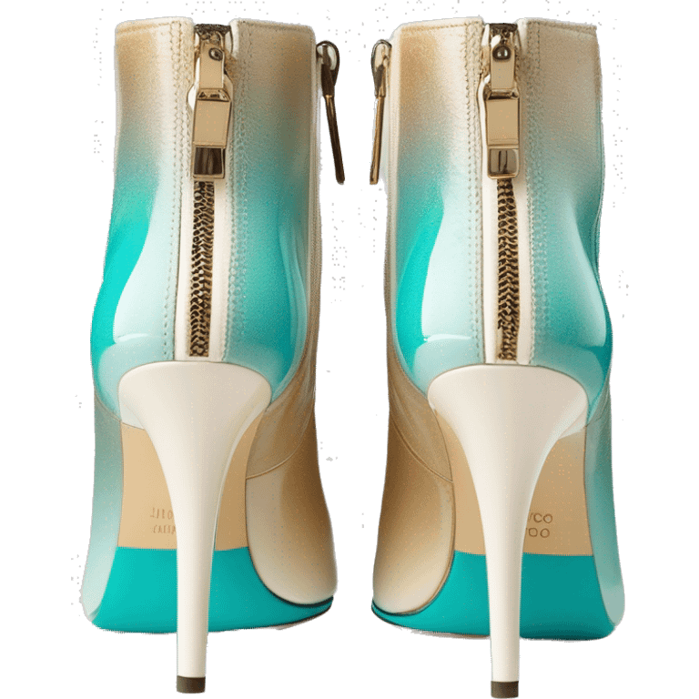 Hyper Realistic isolated top view of a pair of tiffany blue ,cream,and gold ombre Jimmy Choo zippered peppe toe Stiletto Heel ankle bootie boots. emoji