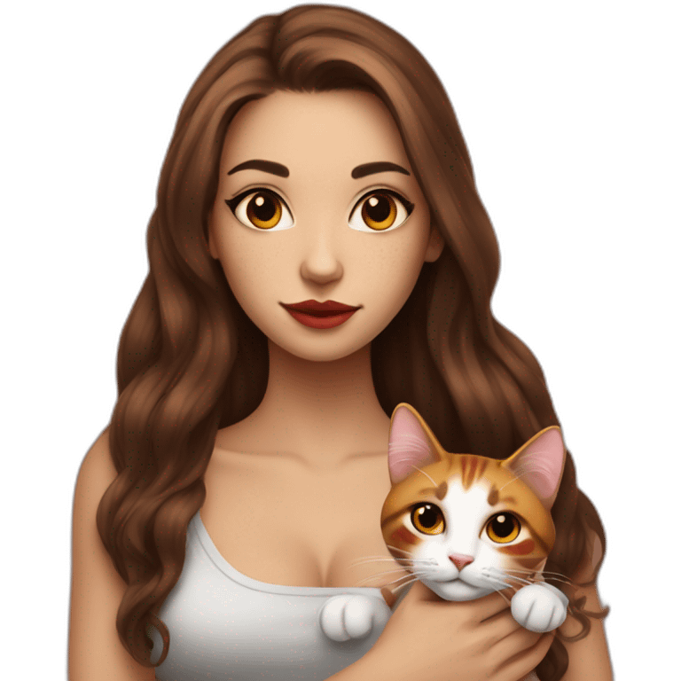 young tattooed woman with  brunette long hair holding a red and white cat in her hands emoji