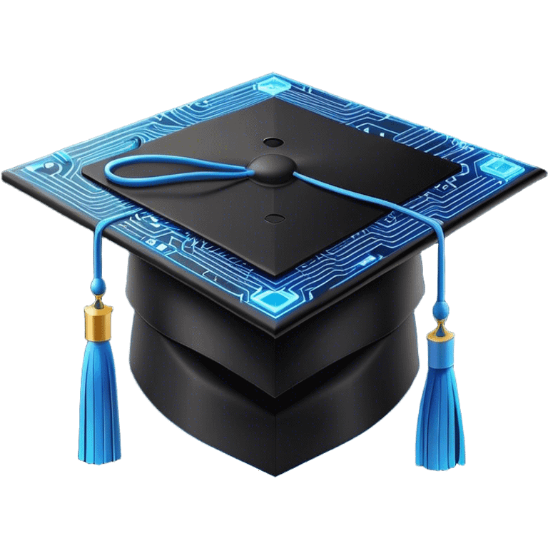 A sleek black graduation cap (mortarboard) with a glowing blue circuit board pattern on the top, representing technology and IT. The cap has a modern, futuristic design, with subtle neon blue lines mimicking digital circuits. A small, pixelated cursor icon replaces the traditional tassel, symbolizing coding and software development. The background is plain white emoji