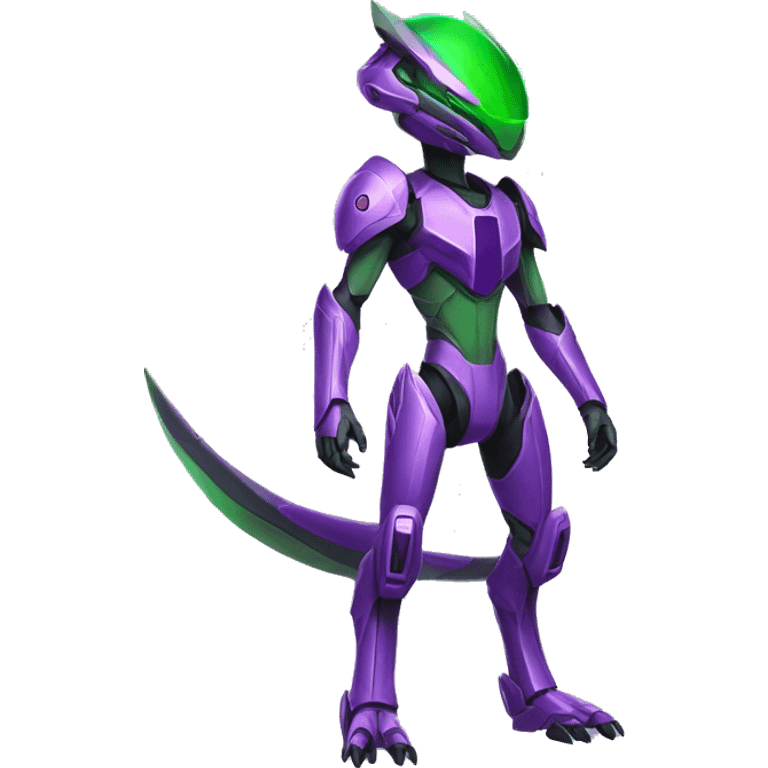 a purple-green Genesect-Raptor-Fakémon—hybrid with a futuristic visor-helmet full body emoji