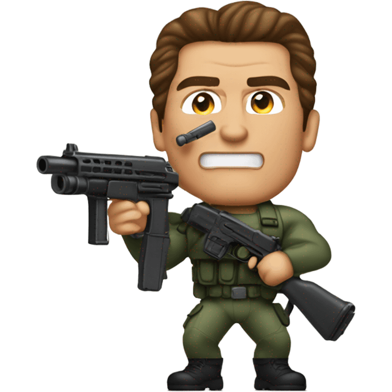 Arnold Schwarzenegger as commando holding a mini gun emoji