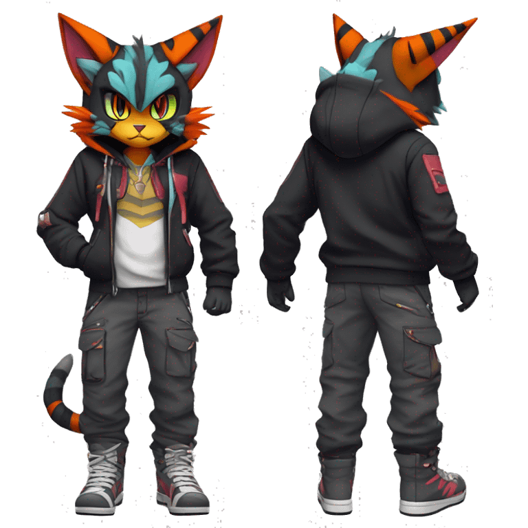 Cool Anthro Noivern-Litten-Lynx-Pokémon with edgy stripes hoodie spiked collar punk techwear Cargo Pants Full Body emoji