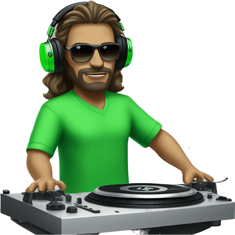 tall dj white man with long luscious hair, shades, headphones and an electric green shirt on that says “365”, on a mixer turntable emoji