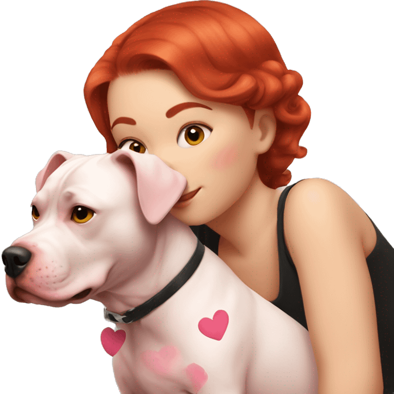 Girl with red hair kissing big black pitbull dog, pink hearts emoji