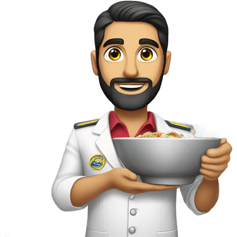 Male Persian Flight attendant with beard eating Chinese food headed to china emoji