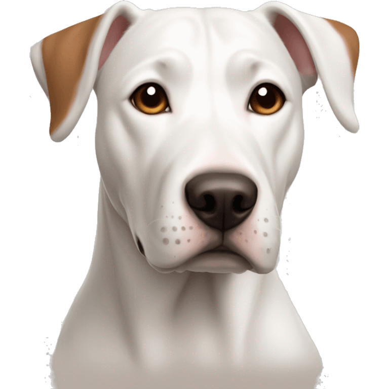 a beautiful white dog with brown eyebrows of the Amstaff breed with uncapped ears emoji