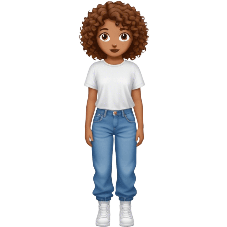 Girl with baggy jeans ,a white top . Curly brown hair emoji