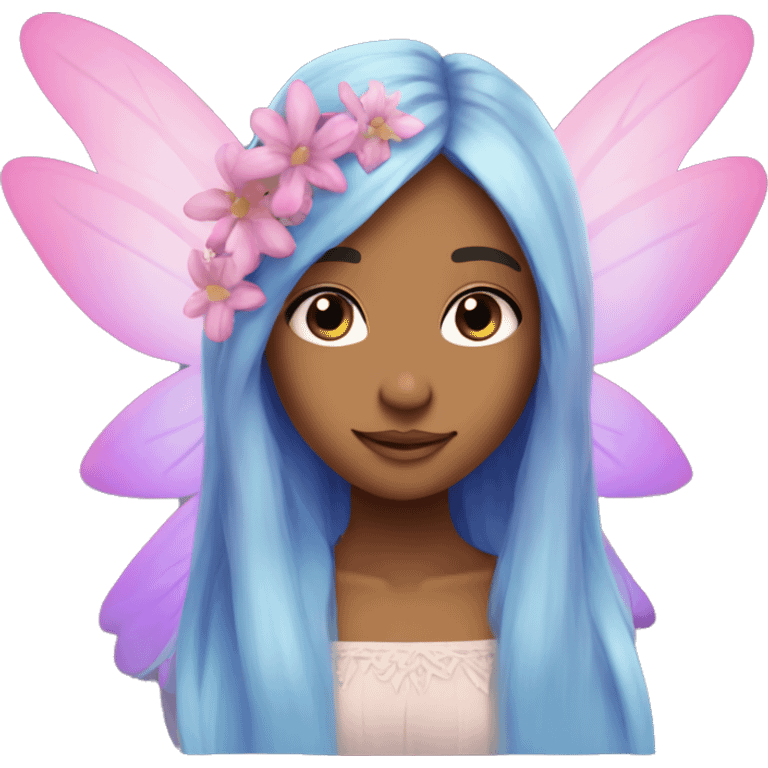 Beautiful, flower, fairy, pink, blue, purple, long hair, tan skin emoji