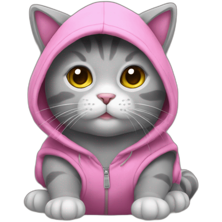 A gray plush cat. This cat is wearing a sleeveless sweater with a pink hood. He's sitting on his buttocks. Small round ears are hidden in the hood. emoji