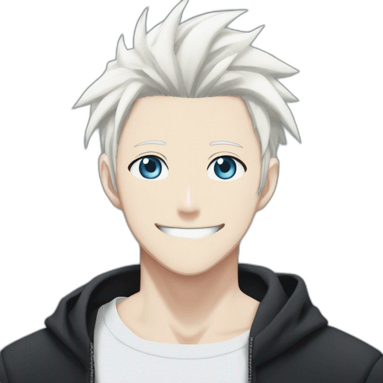 gojo satoru from jujutsu kaisen with white manga hair style, blue sky eyes and wear a black tight tshirt smiling emoji