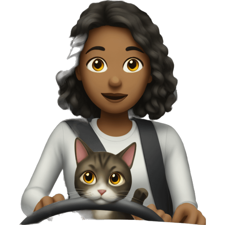 Girl driving a car with a cat in the passenger seat emoji