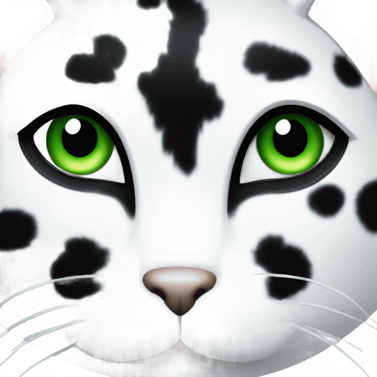 White cat with black spots like a cow, and green eyes emoji