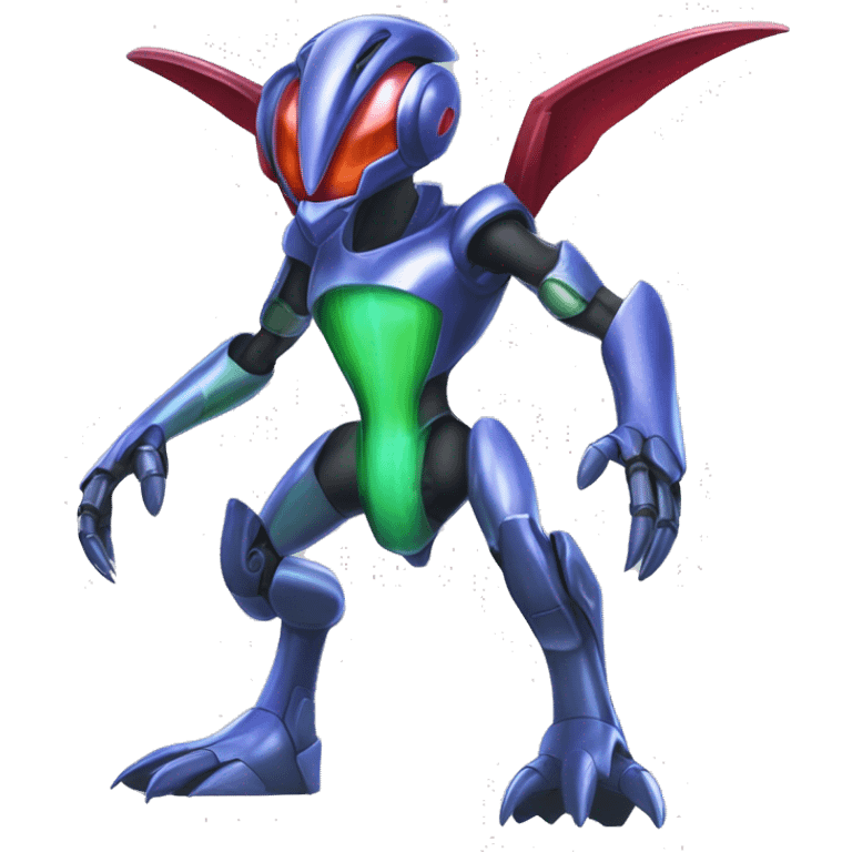 a shiny metallic Genesect-Flygon-Raptor-Fakémon-Medabot-hybrid with a futuristic visor-helmet full body emoji