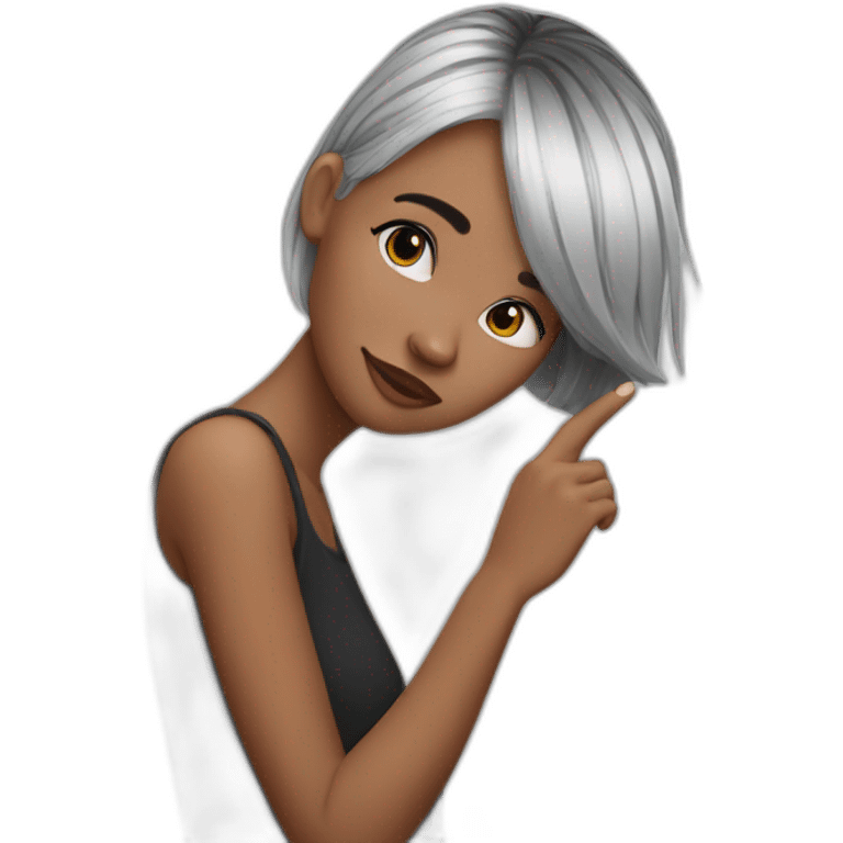 A girl with black and white hair puts her finger on her head emoji