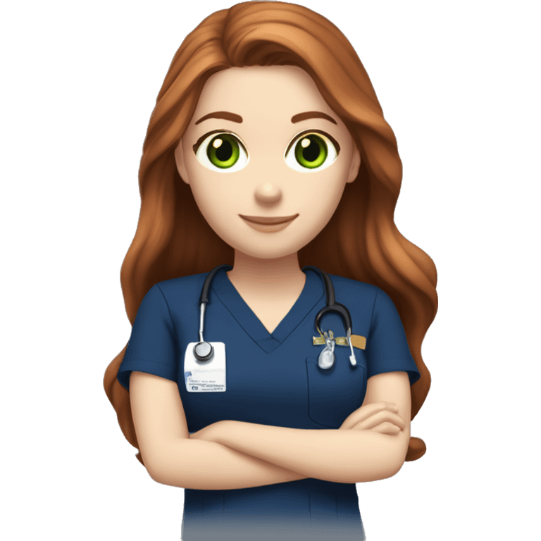  White girl fair skin, long auburn hair, green eyes, navy blue scrubs emoji