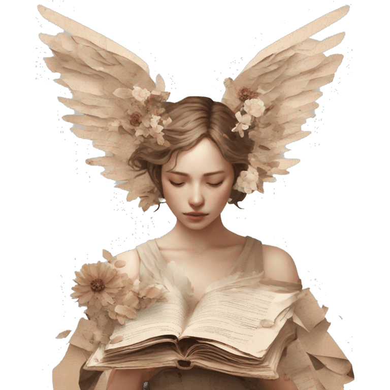 Library book bookworm academia aesthetic beige angel with broken wing damaged wing torn wing, made of newspaper cuttings and dried flowers brown flowers emoji