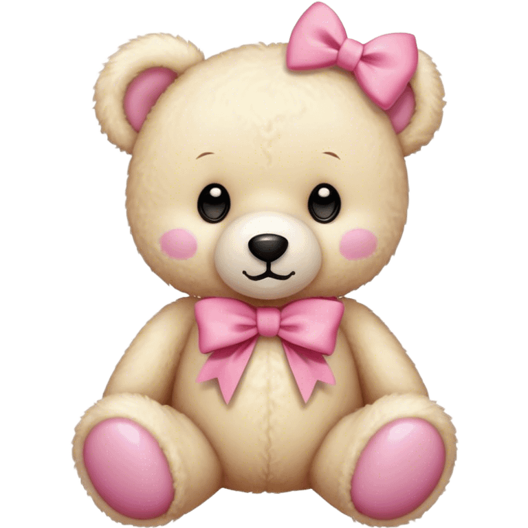 A cream teddy bear with a pink bow around its neck. emoji