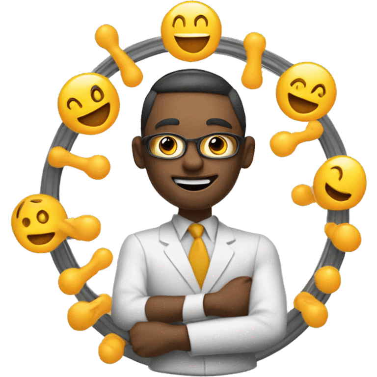 An anthropomorphic door character skillfully juggling glowing client relationship symbols in a circular motion emoji