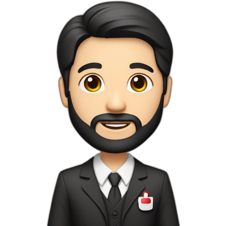 husband age 40 dark hair trimmed beard wearing dark business suit holding bible, wife asian age 40 black hair wearing nurse uniform, no children emoji