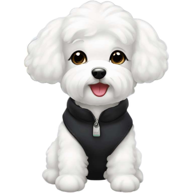 A cute and happy bichon frise with a hair in a bun black hair woman at the airport  emoji