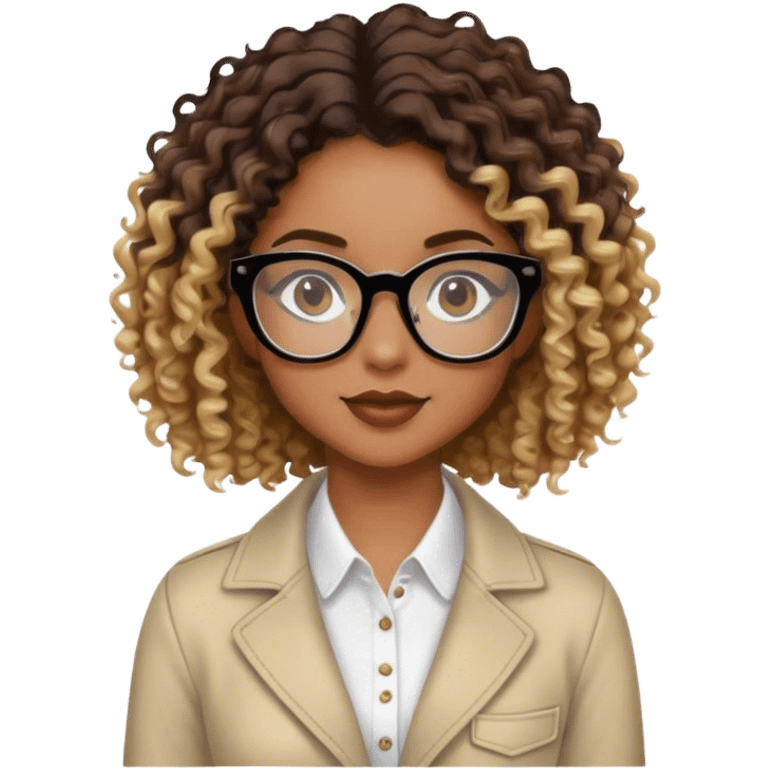 Girl with black glasses and slight smile with brown curly hair with blond highlights in a stylish outfit  emoji