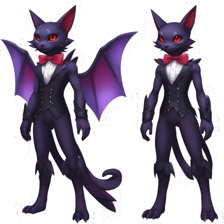 cool anthro kawaii black purple red ethereal fantasy beautiful elegant nargacuga-Noivern-cat-Fakemon collar harness bow tie and bracers full body emoji