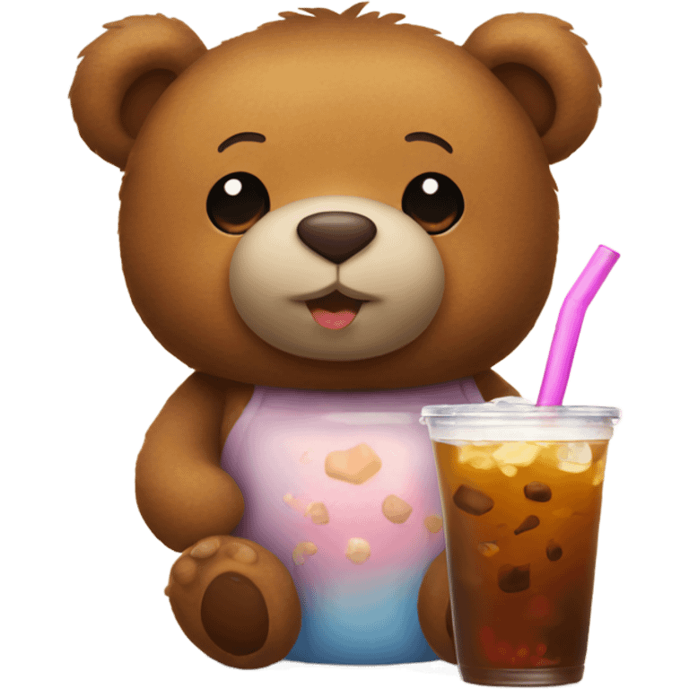 Cute brown teddy bear drinks boba tea emoji