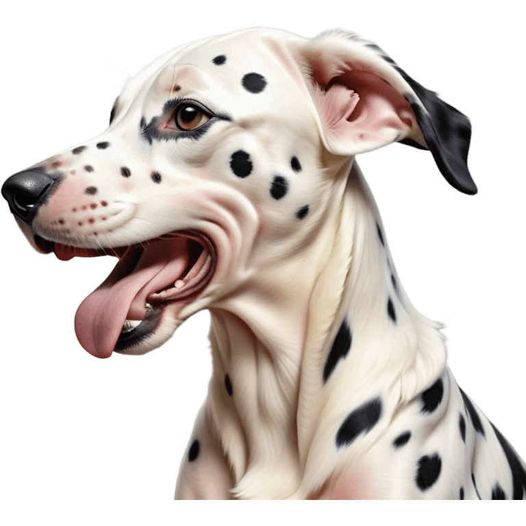 Cinematic Cute Yawning Spotted Dalmatian Portrait Emoji, Head tilted slightly with a dramatic, wide-open yawn, showcasing a smooth Fur of predominantly white with bold black patches, floppy ears slightly drooping, round eyes barely open in drowsy contentment, Simplified yet irresistibly adorable features, highly detailed, glowing with a soft, cozy glow, high shine, relaxed yet expressive, stylized with a touch of whimsy, bright and endearing, soft glowing outline, capturing the essence of a sleepy yet affectionate guardian, so drowsy it feels like it could stretch out of the screen and curl up for a nap! emoji