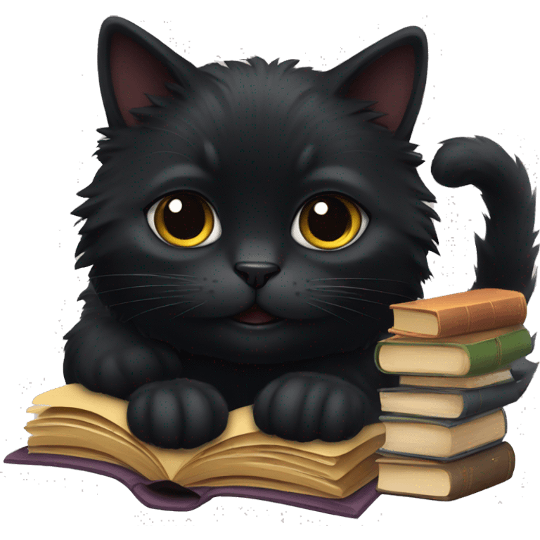 fluffy black cat and books emoji