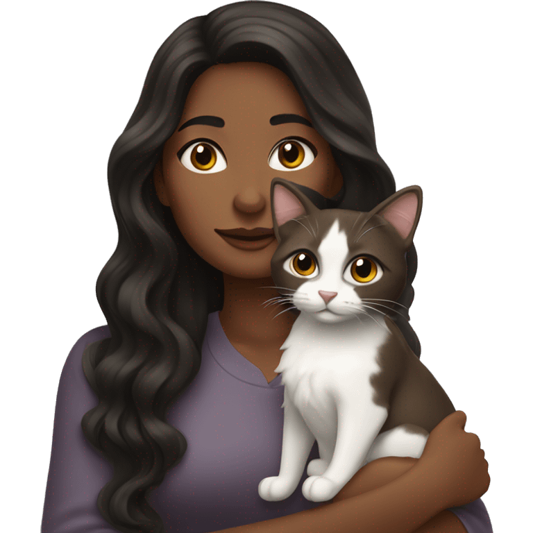 long wavy haired brown skin woman holding black and white cat emoji