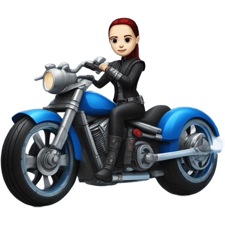 Jedi bounty hunter Wednesday Addams racing sitting in a modern blue,red and pewter steampunk electric luxury motorcycle  emoji