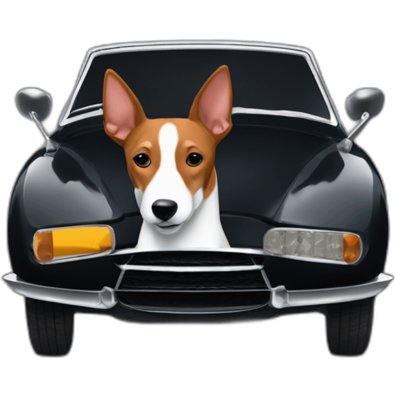 Tricolor basenji sitting in driver’s seat of a black Aston Martin emoji