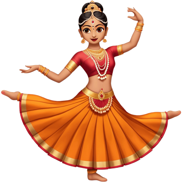 Cinematic Realistic Bharatanatyam Dance Emoji, depicted as an elegant classical Indian dance performance with graceful poses, intricate costumes, and expressive hand gestures, rendered with rich textures and warm dramatic lighting that captures its timeless beauty. emoji