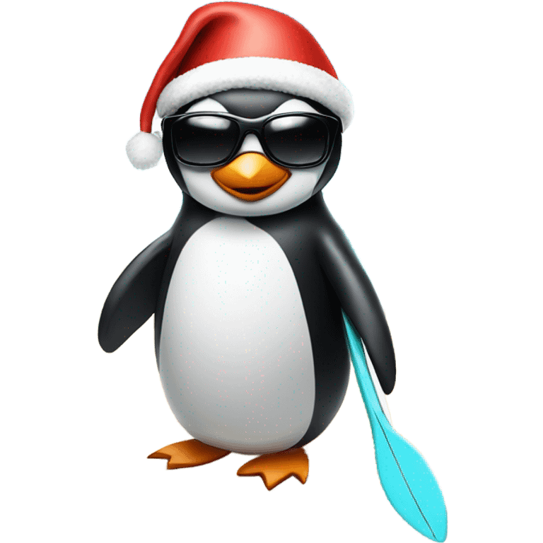 penguin in a surfboard with sunglasses and a santa hat  emoji