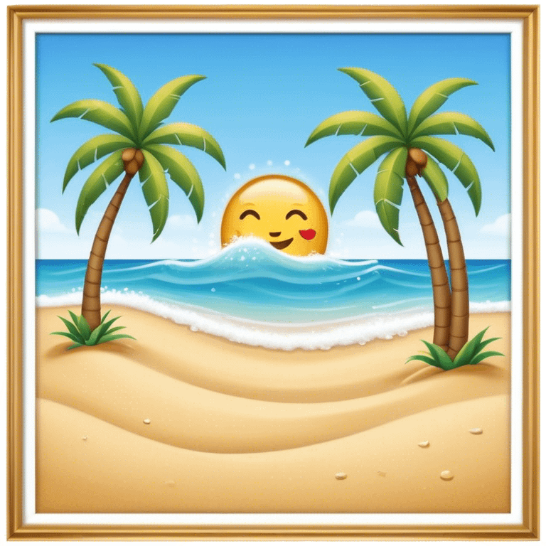 Cinematic Realistic Beach Emoji in a wooden frame, Sunny and bright, with soft golden sand stretching as far as the eye can see, gently lapping waves crashing onto the shore, and a clear, blue sky above. Palm trees sway in the warm breeze, crystal clear water of the waves on the landscape. Soft glowing outline, capturing the essence of a relaxed, joyful beach day filled with sun, sand, and surf! emoji