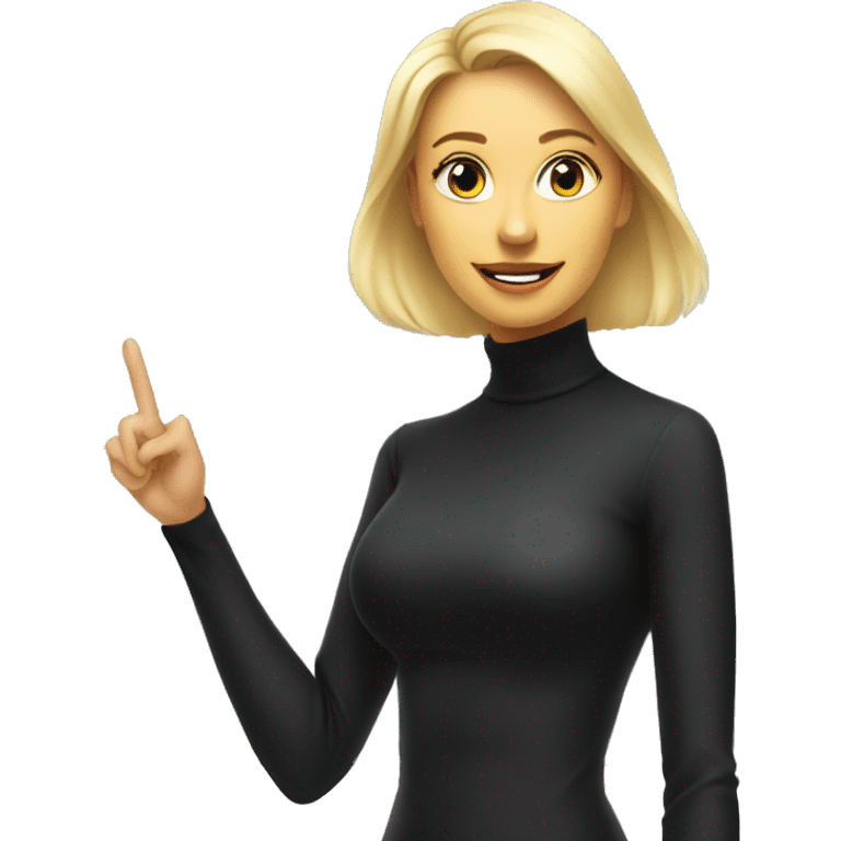 blonde woman in black turtleneck pitching investment to investors in front of a whiteboard emoji