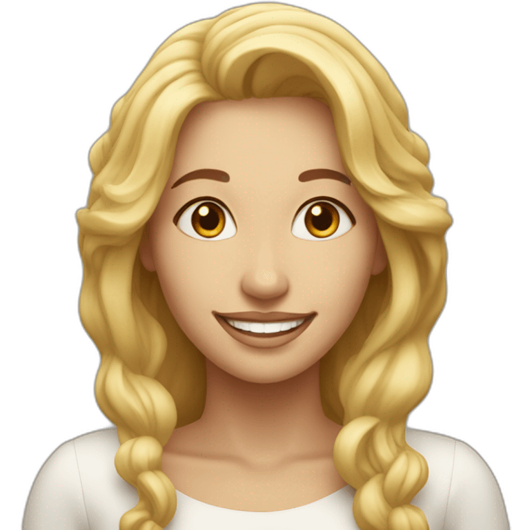 a beautiful woman, in the representation of the One who loves God, has a big smile, stares at the camera in front of her, her hair is blond and long emoji