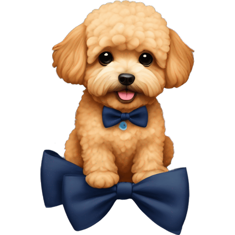 apricot maltipoo sitting on a large pumpkin wearing a navy blue bow tie emoji