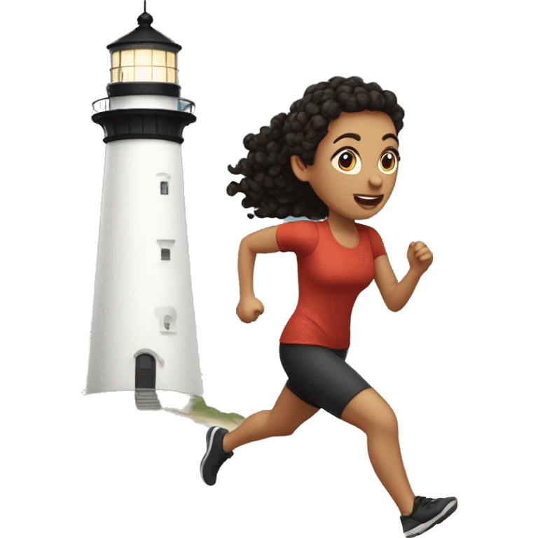 White woman with dark curly hair in a ponytail running toward a lighthouse emoji