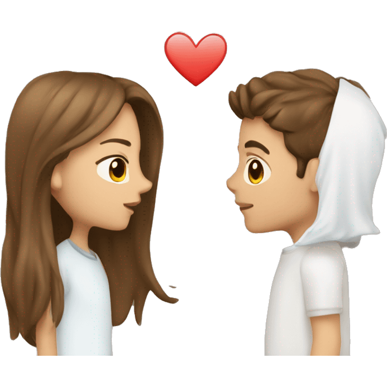 Girl with brown hair kissing guy with brown hair wearing white emoji