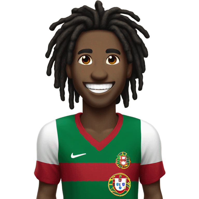  Young black man- 4 inch short black dread locks-  low eyebrows - low eyes - no facial hair laughing Portugal jersey lean crazy smile  emoji