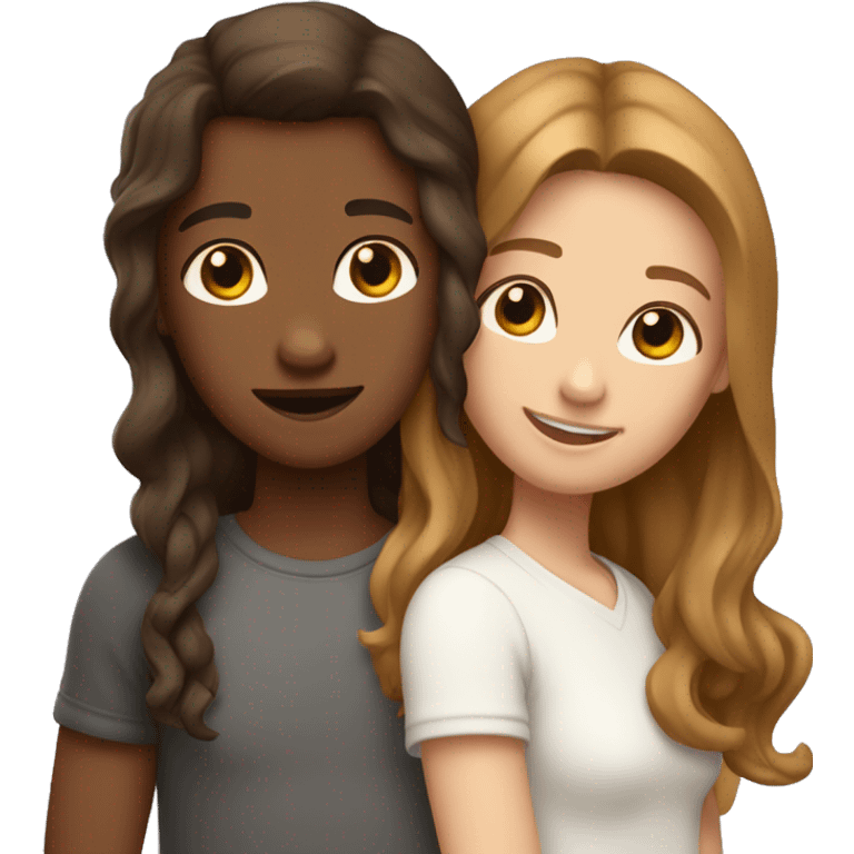 Two white best friends hugging one with wavy brown hair and the other with straight brown hair emoji