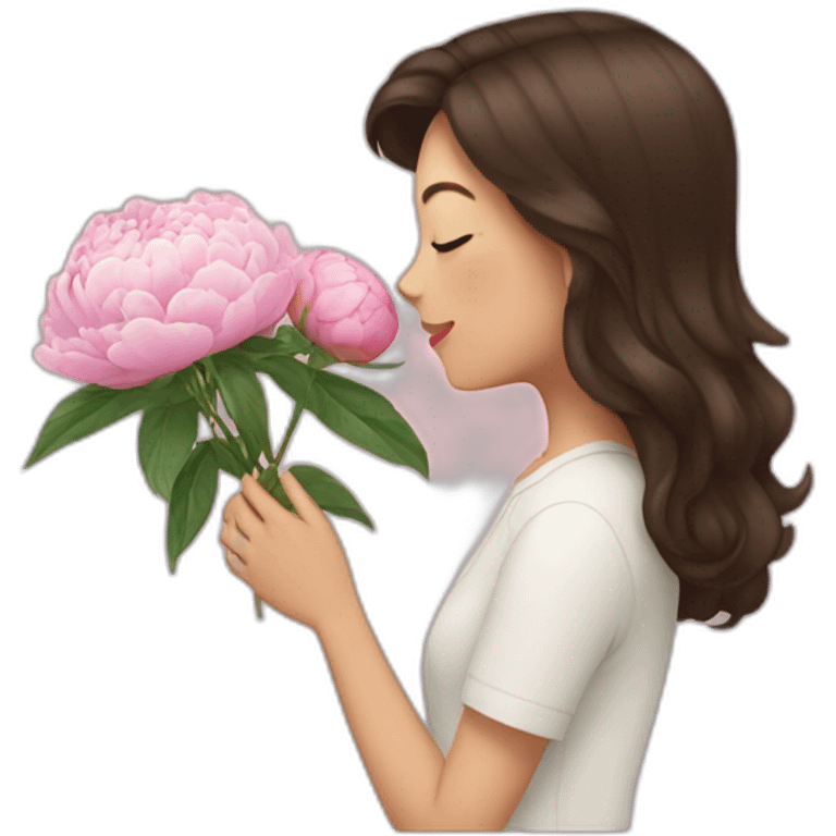 brunette girl smells  peonies emoji