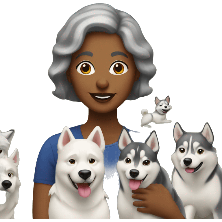 50 years old girl with 3 huskies in the park  emoji